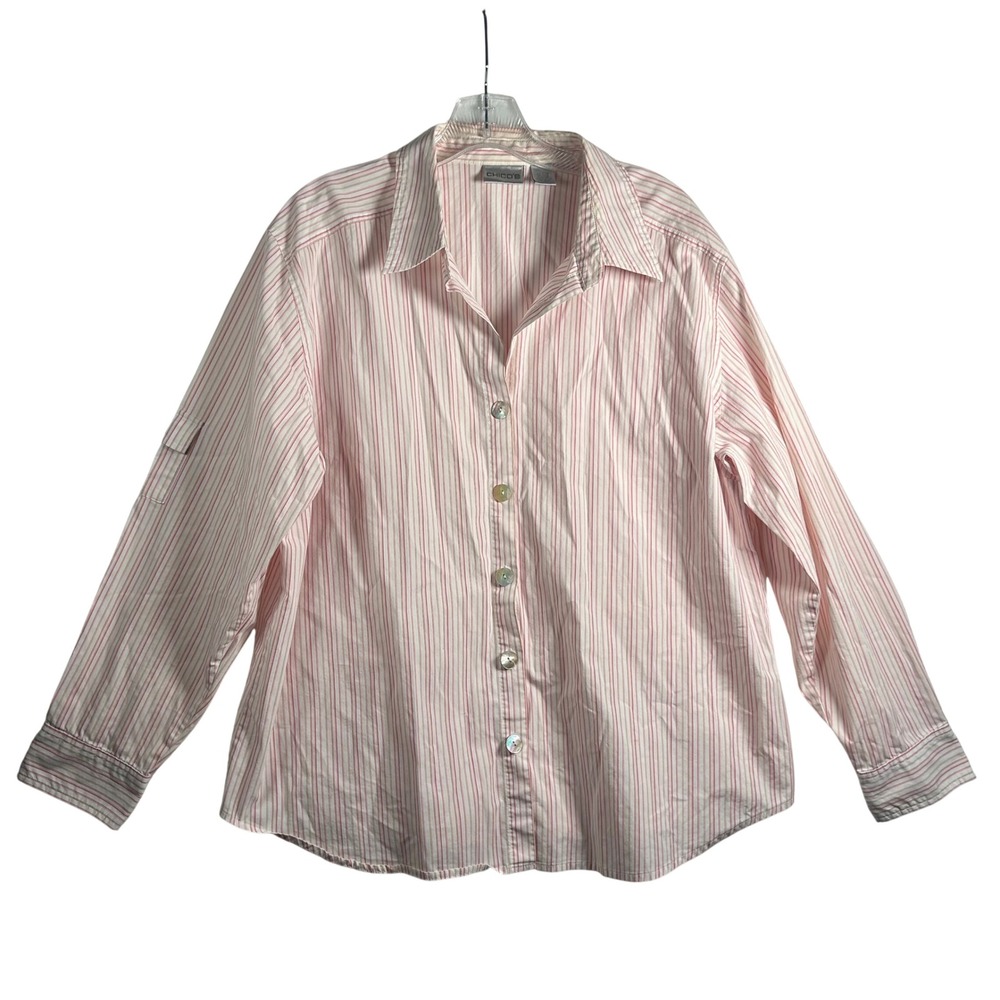 Chicos Pink White Stripe Button Up Shirt Long‎ Sleeve Women Sz 3 US XL